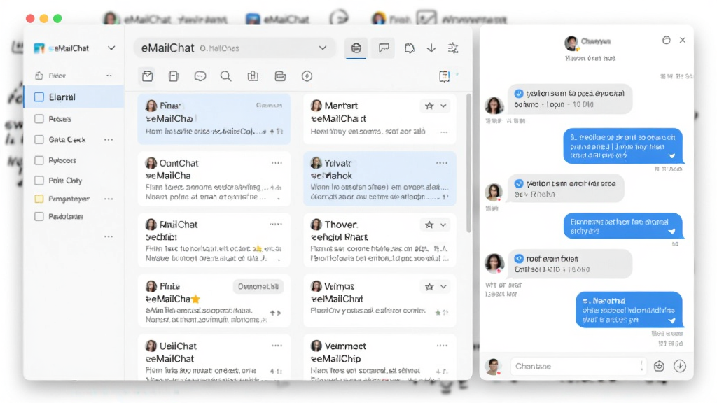 һ��չʾeMailChat�ʼ��������ںϹ��ܵ�ͼƬ����������������ͬʱ��ʾ�ʼ��б������촰�ڣ��ʼ��Կ�Ƭ��ʽ���У�������������ʽչʾ���������ִ���࣬�����������ɾ����޶���Ԫ��