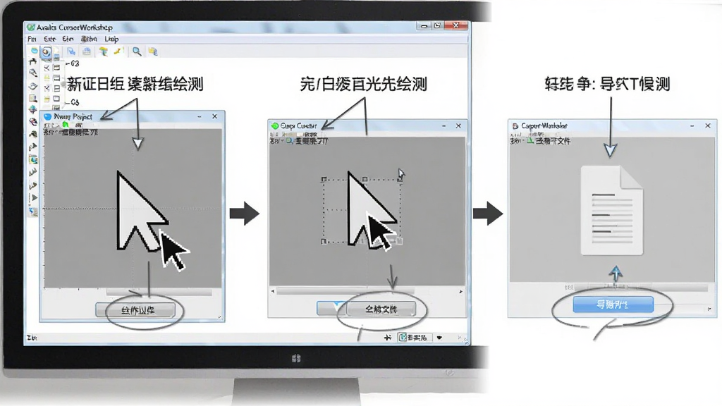 һ��չʾ Axialis CursorWorkshop ���ֲ������̵�ͼƬ������Ϊ������Ļ�ϵ���������������������ʾ��ͼ������Ϊ�ֲ���չʾ�½���Ŀ�����ƹ�ꡢ�����ļ��Ĳ������棬�Ű�����չʾ�������̣����Ϊ�̳����ͼ���ϸ�ڰ������ָ��ͽ��水ť��ע�����ʸ��壬�ɾ����޶���Ԫ��