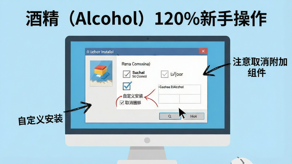 һ���ԡ��ƾ���Alcohol��120%���ֲ�����Ϊ�����AI����ͼ������չʾ������Ļ����ʾ������װ�򵼽��棬�Ա����ֻ������ʾ��ͷָ���Զ��尲װ���͡�ȡ������ѡ�����Ϊ��Ļ����ʽ������ƽ���廭��ϸ�ڰ������ָ�롢��ѡ��ͼ�ꡢ���ֱ�ע��ע��ȡ�����������������Ϊǳ��ɫ����������������ɾ����޶���Ԫ��