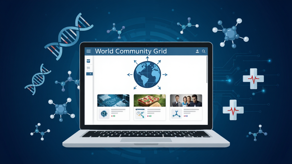 ����������һ̨�򿪵ıʼǱ����ԣ���Ļ����ʾWorld Community Grid���������棬����������ɫ����ͼ��Ͷ��������Ŀ��Ƭ��������Χ������DNA˫���������ӽṹ��ҽ��ʮ�ֵȿ��з��ţ�����������ɫ�Ƽ��н��䣬���岼�־��жԳƣ�������ִ���ƽ����ϸ���������������ʸ���ɾ����޶���Ԫ��