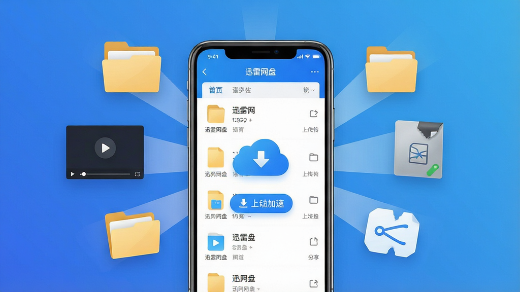 һ��չʾѸ�����̺��Ĺ��ܵ�ȫ��ͼ�������������ֻ���Ļ��ʾѸ������App�����棬�����������ɼ��ļ��б����ϴ���ť�����ؼ��ٱ�ʶ���ƶ�ͼ�꣬��Χ�������ļ��С���Ƶ��������ѹ�������������ӵ�����Ԫ�أ����ֲ������ķ���ʽ�Ű棬���Ϊ�ִ���ƽ���Ƽ��磬ϸ�ڰ�����ɫ���䱳������͹�Ӱ��������ͼ�����������ʸ���ɾ������������ֱ�ע��Ѹ�����̡����޶���Ԫ��
