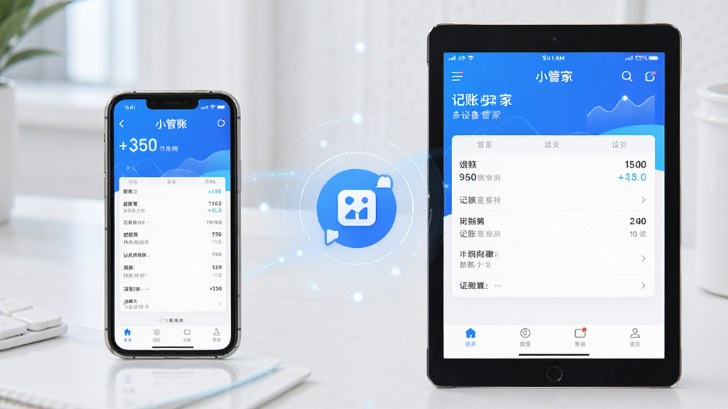 ����С�ܼҶ��豸ͬ������չʾ������Ϊ�ֻ���ƽ�岢����ʾ����̨�豸��Ļ�о���ʾ����С�ܼ�Ӧ�ý��棬����ͬ��ͼ��λ���м䣬���ֶԳƣ�����ִ��Ƽ��У�ɫ��������Ϊ����ϸ�ھ��£����ʸ��壬�ɾ��޶���Ԫ��