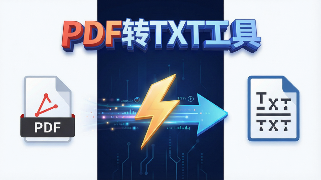 һ��չʾPDFתTXT���ߺ��Ĺ��ܵ�ʾ��ͼ���������������ơ�PDFתTXT���ߡ�������Logo�������ڻ������룬�Ű�������ҷ����������PDF�ĵ�ͼ�꣬�Ҳ���TXT�ı�ͼ�꣬�м���һ��������״�ļ�ͷ���ӣ����Ϊ�Ƽ��б�ƽ����ϸ�ڰ������������Ĺ�Ч�������������ɾ����޶���Ԫ�ء�