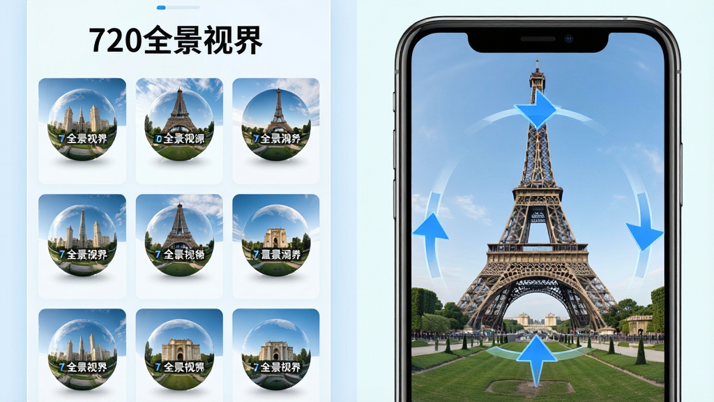 һ��չʾ��720ȫ���ӽ硱����ȫ����Դ�⹦�ܵ�ͼƬ�����������һ����͸�����ٲ����б���չʾ��������������������״����ͼ���Ҳ����ֻ���Ļ�Ŵ�չʾ�İ��ƶ�����ȫ�����棬����������ɫ��ͷָʾ�û��ɻ�����ת�����ֲ������ҷ��������Ϊ�������죬ϸ�ڰ�������ͼ�ϵĵص����ֱ�ǩ�������������ɾ����޶���Ԫ��
