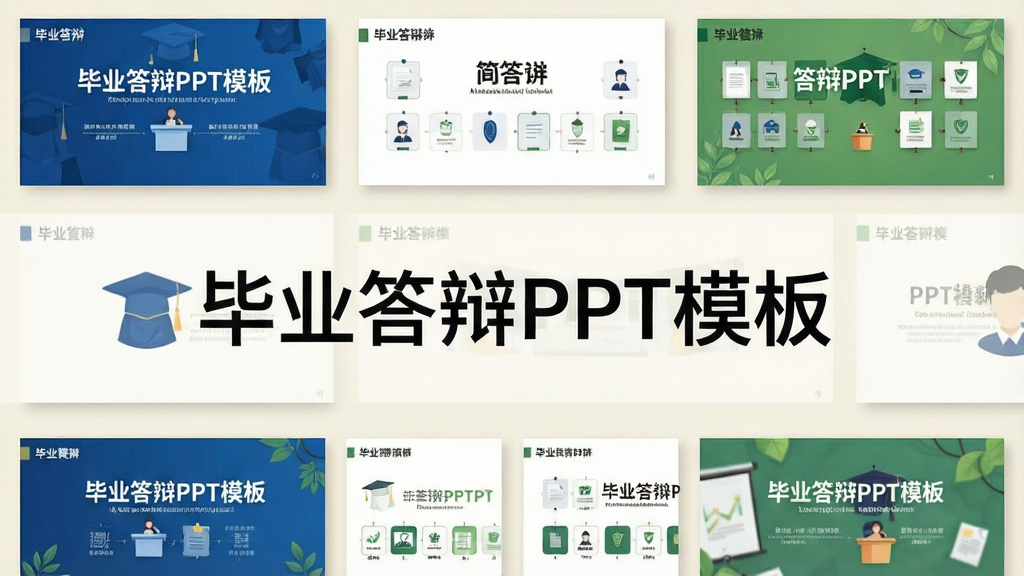 一张展示毕业答辩PPT模板集合的预览图,画面主体为多张不同风格的幻灯片缩略图整齐排列在浅色背景上,布局采用网格状排版,风格简洁清新,细节包含蓝色学术风、白色简约风、绿色清新风等模板封面,画面中央有“毕业答辩PPT模板”字样,画质清晰,干净,无多余元素