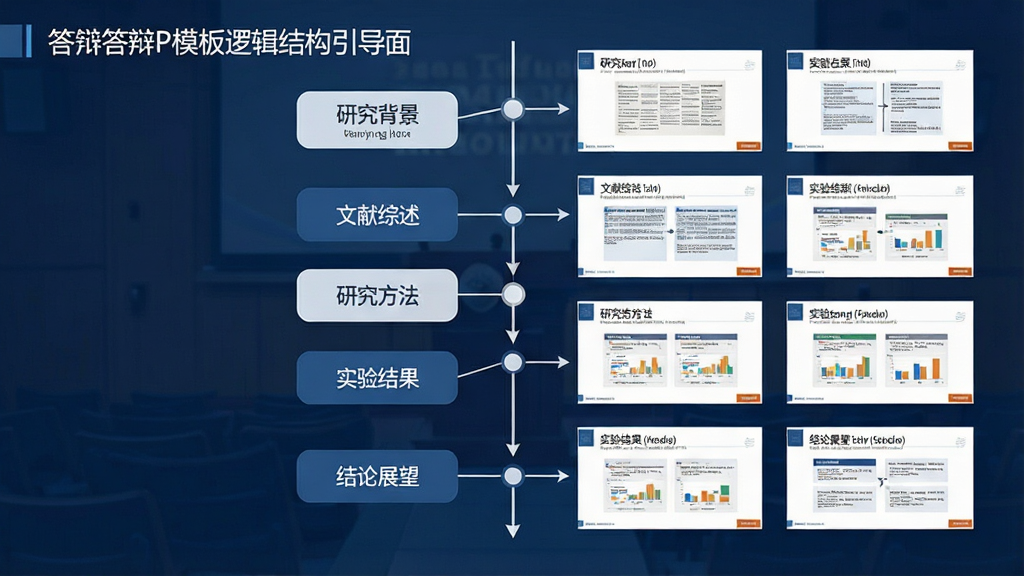 一张展示毕业答辩PPT模板逻辑结构引导页面的图片,画面主体为答辩流程步骤图与对应幻灯片缩略图,布局采用纵向时间轴排版,风格学术严谨,细节包含“研究背景”“文献综述”“研究方法”“实验结果”“结论展望”等节点标识,画质清晰,干净,无多余元素