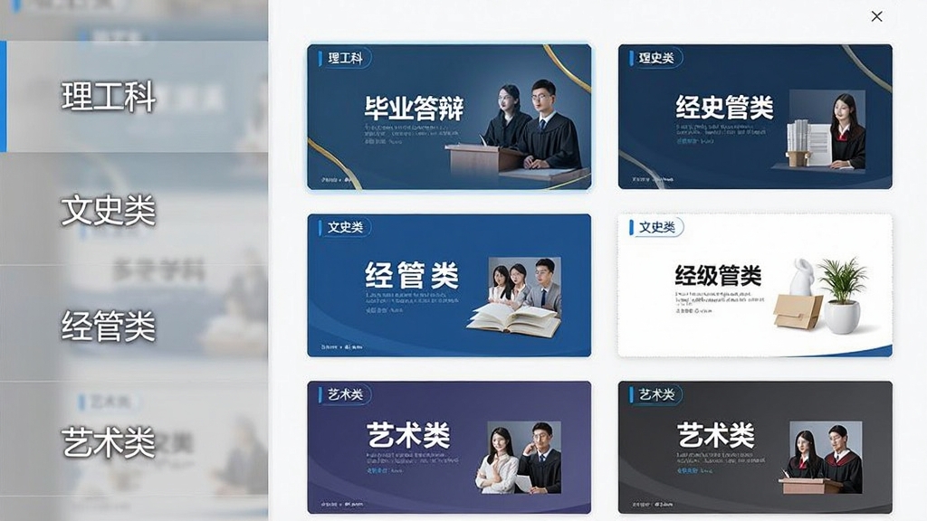 一张展示毕业答辩PPT模板多学科分类界面的图片,画面主体为分类导航面板与缩略图预览区,布局左侧为学科分类列表,右侧为对应模板缩略图,风格简约商务,细节包含“理工科”“文史类”“经管类”“艺术类”标签及对应的幻灯片封面,画质清晰,干净,无多余元素