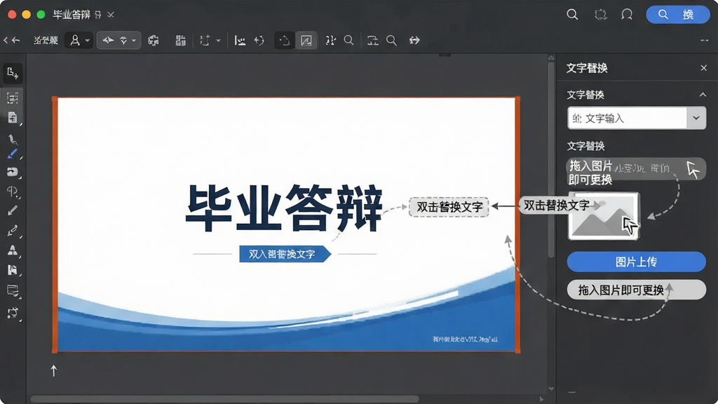 一张展示毕业答辩PPT模板编辑界面的图片,画面主体为幻灯片编辑区域与右侧替换面板,布局中央为正在编辑的答辩封面,右侧为文字替换输入框与图片上传按钮,风格现代办公,细节包含“双击替换文字”“拖入图片即可更换”等操作提示,画质清晰,干净,无多余元素