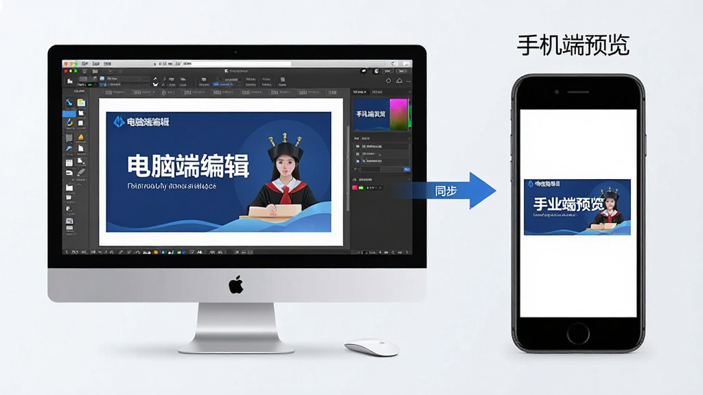 一张展示毕业答辩PPT模板在电脑与手机端同步预览的图片,画面主体为左侧电脑屏幕显示PPT编辑界面、右侧手机屏幕显示幻灯片预览,布局左右对比排列,风格简洁科技,细节包含“电脑端编辑”“手机端预览”标识及同步箭头,画质清晰,干净,无多余元素