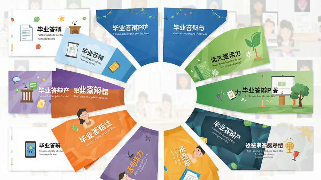 一张展示毕业答辩PPT模板多种视觉风格的图片,画面主体为十二张不同配色与设计风格的幻灯片封面环绕排列,布局呈圆形放射状,风格多彩活泼,细节包含白色简约、蓝色学术、绿色清新、橙色活力等风格封面,画质清晰,干净,无多余元素