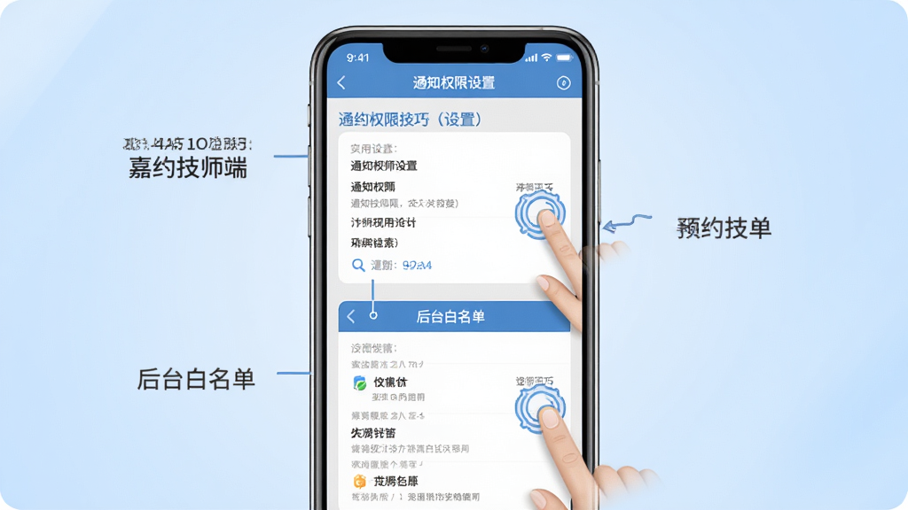 ��Լ��ʦ���ƶ���ʹ�ü���ʾ��ͼ������Ϊ�ֻ���Ļչʾ֪ͨȨ������ҳ��ͺ�̨���������棬����Ϊ�ֻ��������У�����Ϊǳ��ɫ���䣬�Ű�������ע��������ѡ����Ϊʵ�ý̷̳磬ϸ�ڰ�����ָ���������ʾ�⣬���ʸ��壬�ɾ����޶���Ԫ��