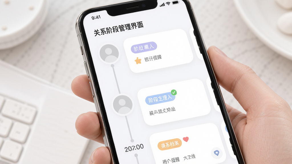 ���������˹�ϵ�׶ι������棬����Ϊ�ֻ���Ļչʾʱ�������ϵ������Ƭ������Ϊ����ʱ���ߣ��Ű���������Ϊ���Բ����ƣ�ϸ�ڰ���ͷ��ռλ���׶α�ǩ������ͼ�꣬���ʸ��壬�ɾ����޶���Ԫ��