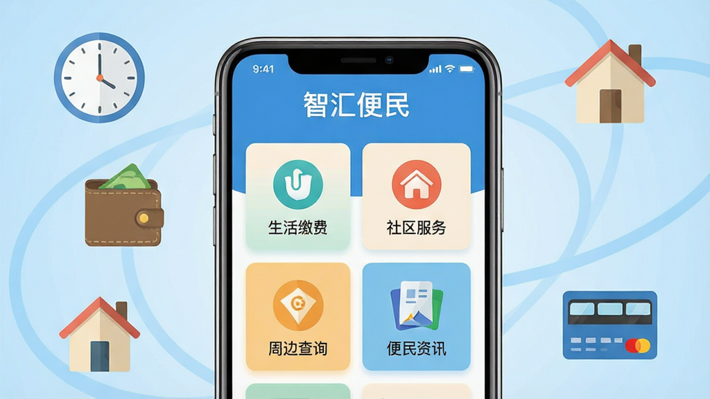 һ��չʾ�ǻ����APP����ȫò������ͼ������������һ�������ֻ����ֻ���Ļ����ʾ�ǻ����Ӧ�õ������棬����������������ɷѡ����������ܱ߲�ѯ��������Ѷ��ͼ��ģ�飻����Ϊǳ��ɫ���䣬��Χ������ʱ�ӡ�Ǯ�������ݡ�������������Ԫ��ͼ�ꣻ���������ִ�����ƽ����ƣ�ϸ�����������ʸɾ����޶���Ԫ�أ���������Ϊ���ǻ����