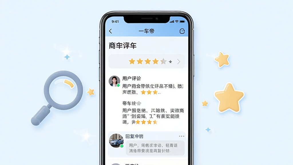 һ��չʾһ����Ӧ�������۽����ͼƬ�������������ֻ���Ļ����Ļ����ʾ��һ���ۡ��̻�����ҳ�������������֡��û��������ֺ��̻��ظ����ݣ���Ļ�Ա��зŴ󾵺��Ǽ�ͼ��װ�Σ����岼�־��жԳƣ����Ϊ���¼�Լ��UIչʾ�磬ɫ����ǳ���Ͱ�ɫΪ����ϸ�����������ʸ��壬����ɾ����޶���Ԫ��