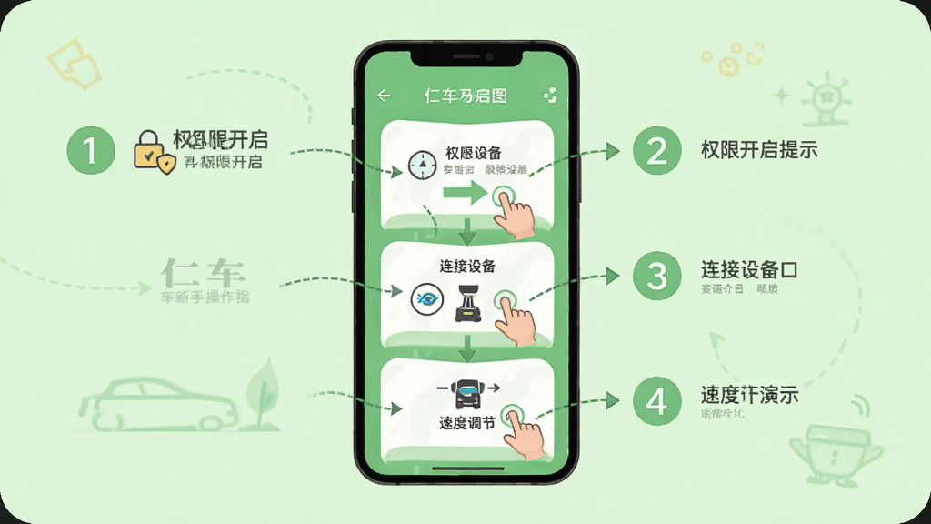 �ʳ�APP���ֲ���ָ�����棬��������һ���ֻ���Ļ��ʾ�ֲ�����ͼʾ������Ȩ�޿�����ʾ�������豸������ٶȵ�����ʾ������Ϊǳ��ɫ���·�񣬲���Ϊ�ֻ����С��������ֱ�ע���ԣ����Ϊ��ƽ����ѧ��ͼ��ϸ�ڰ�����ָ���ͼ��ͼ�ͷ�����������������ɾ��޶���Ԫ��