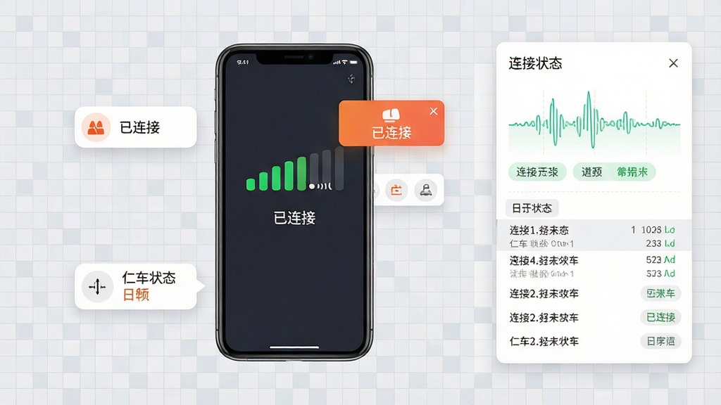 �ʳ�APP����״̬�����棬��������һ�������ֻ���Ļ��ʾ�ź�ǿ��ָʾ��������״̬���֡������ӡ�����Χ�ж������ѵ���ͼ�����־��¼�б�������Ϊǳ��ɫ���񣬲���Ϊ�ֻ����С���Ϣ������Ҳ࣬���Ϊ��Լ����磬ϸ�ڰ����źŲ���ͼ��״̬��ǩ�����ʸ��壬�ɾ��޶���Ԫ��