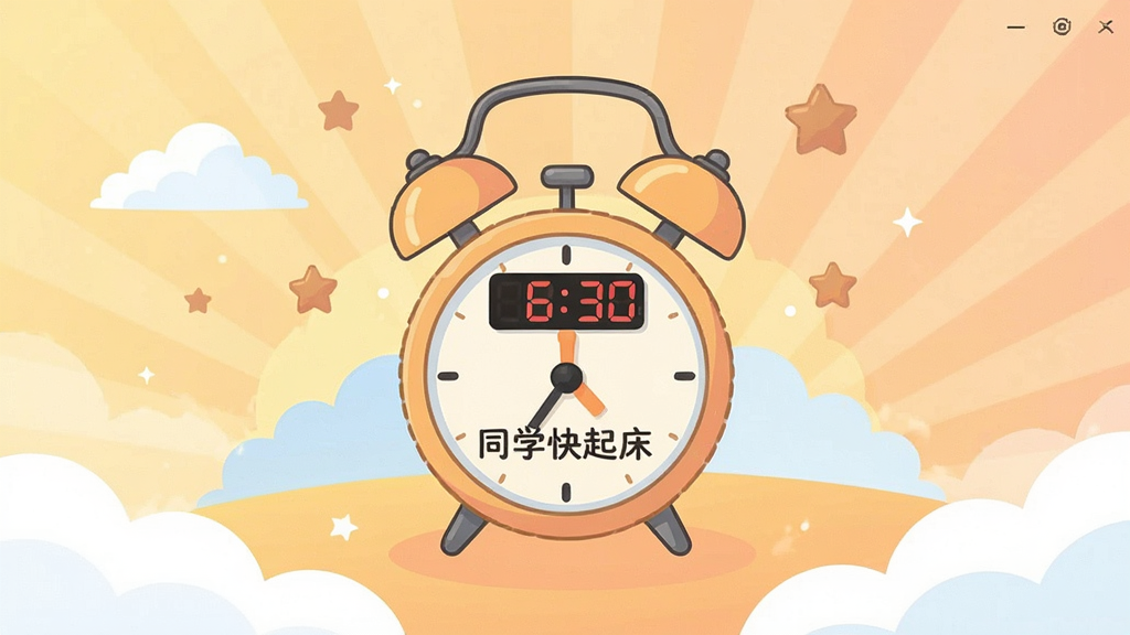 һ��չʾ��ͬѧ���𴲡������������ͼƬ������������һ����ͨ����С���ӣ���Χ�������ƶ�����ǣ���������ܰ�ĳ���ɫ�������ֲ��þ����Ű棬���Ϊ��ƽ���廭��ϸ�ڰ�����������ʾʱ�䡰6:30���Լ��������ơ�ͬѧ���𴲡������������������ɾ����޶���Ԫ�ء�