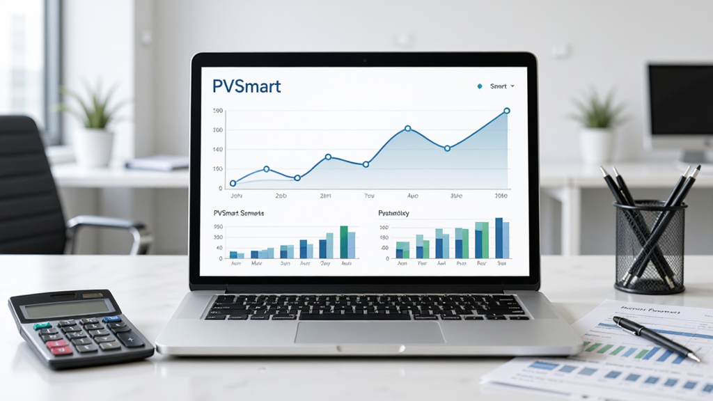 һ��AI���ɵ�������ͼƬ������������һ̨�򿪵ıʼǱ����ԣ���Ļ����ʾ��'PVSmart'����������ͼ����״ͼ�������Է��ż�������ֽ�ʱ���������Ϊ�����İ칫�һ��������־��У�����Լ����ϸ�ڷḻ�����ʸɾ�