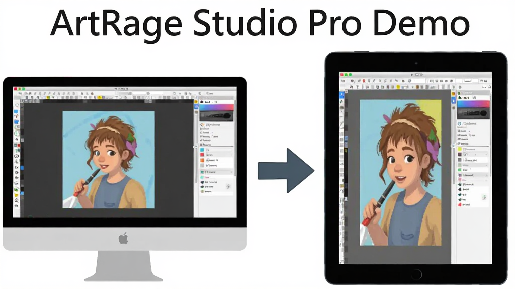 һ����Ϣͼ���Ļ��棬����ǵ�����Ļ��ʾ ArtRage Studio Pro Demo �滭���棬�Ҳ���ƽ���豸��ʾͬ���������м��ü�ͷ���ӣ��������ҶԱȣ�����ƽ����Ϣͼ��ϸ�ڰ����豸�߿�������������ͼ�����Ӽ�ͷ�����������ɾ������涥����������