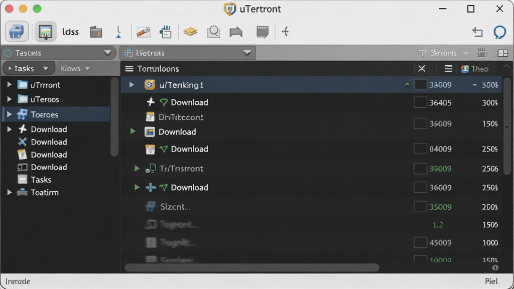 һ��չʾuTorrent����������ĸ���ͼƬ��������uTorrent�ľ��䴰�ڽ��棬�������������Ϊ������������Ҳ�Ϊ���������б�������Ϊ�����������������ִ���������ɫ��ǳɫ���䣬����ɾ��޶���Ԫ�أ���������������չ������������Ч���Ӿ����ܡ�