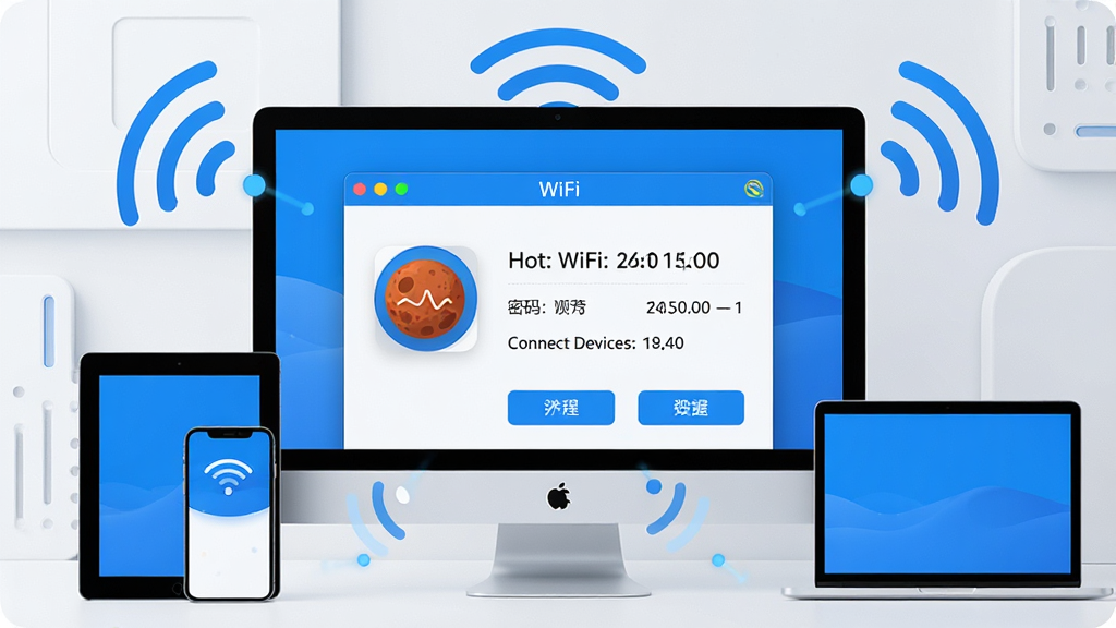 һ��չʾ����WiFi����������ĸ���ͼƬ�������������������ڣ���������ʾ�ȵ����ơ����롢�����豸������Ϣ������Ϊ�ִ���Լ�ĿƼ�������ֻ���ƽ�塢�ʼǱ�����Χ�Ƶ�����Ļ��ͨ�������ź����ӣ�ɫ������ɫ�Ͱ�ɫΪ�������ɾ���ˬ��ϸ�ڰ�������ͼ�ꡢ��ť��״ָ̬ʾ�ƣ����ʸ��壬�޶���Ԫ�ء�