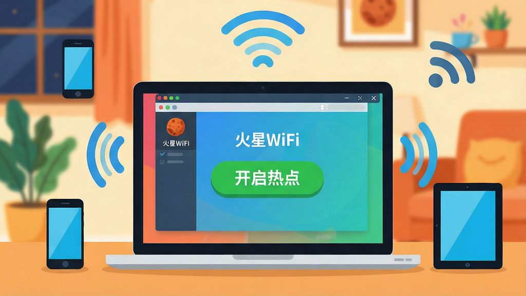 һ��չʾ����WiFiһ�������ȵ㹦�ܵ�AI��ͼ������������һ̨�ʼǱ�������Ļ����Ļ����ʾ������WiFi���������棬һ����Ŀ����ɫ��ťд�š������ȵ㡱����Χ���ֻ���ƽ����豸ͼ��ͨ��WiFi�ź��������ӵ����ԣ���������ܰ�����ڻ��������Ϊ��ƽ���廭��ɫ��������ϸ�����������ʸɾ���������Ԫ�ء�
