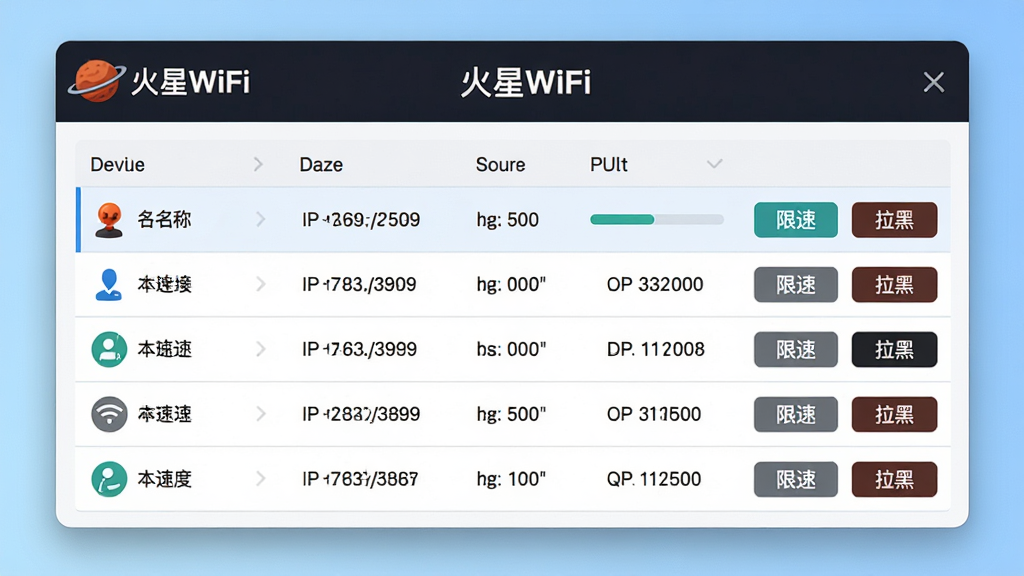 һ��չʾ����WiFi�豸���������ͼƬ����������һ���������ڣ��������Ա�����ʽ�г���������豸��ÿ���豸��ʾ���ơ�IP��ַ���ϴ������ٶȣ��Ҳ��С����١��͡����ڡ���ť�����ڶ����С�����WiFi��Logo������Ϊ����ɫ���䣬����ִ���Լ��ϸ�ڰ�����������ͼ�꣬����������������Ԫ�ء�