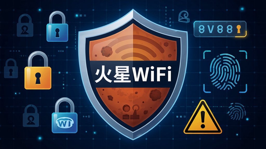 һ��չʾ����WiFi��ȫ�������ܵ�AI��ͼ������������һ��������״��ͼ�꣬���������С�����WiFi��������������Χ�������������롢ָ�ƵȰ�ȫԪ�أ�����Ϊ����ɫ�Ƽ����񣬷��ȫ�ɿ���ϸ�ڰ������ܷ��š������־�����ʸ��壬�޶���Ԫ�ء�