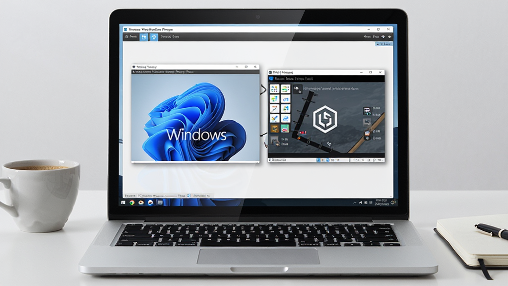 һ̨��ɫ�ʼǱ����Դ��ţ���Ļ����ʾ�� VMware Workstation Player ���������棬��������һ���������е� Windows ��������ں�һ�� Linux ��������ڲ�����ʾ���������࣬�Ա߷���һ�����Ⱥ�һ���ʼǱ������岼��Ϊ���й�ͼ�����Ϊ�ִ��Ƽ���дʵ��Ӱ��ϸ�ڰ�����Ļ���⡢�����ʸС���������ڵ���ӰЧ��������Ϊ4K�����壬�ɾ����޶���Ԫ��