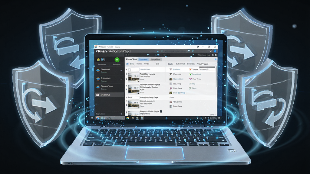 һ������δ���е����ְ�ȫ����ͼ������������һ̨����ıʼǱ����ԣ���Ļ����ʾ VMware Workstation Player �Ľ��棬��Χ�����Ű�͸���ı������ƺ�ʱ�⵹����ͷͼ�꣬����Ϊ���ĶԳƣ����Ϊ�Ƽ���3D��Ⱦ��ϸ�ڰ������Ρ�����Ч���������еĿ����б�������Ϊ4K�����壬�ɾ����޶���Ԫ��