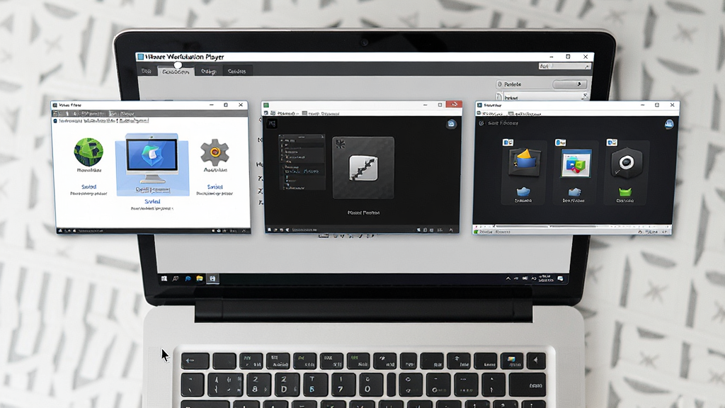 һ�Ÿ����ӽǵ�������Ƭ�������ϰڷ���һ̨�򿪵ıʼǱ����ԣ���Ļ�� VMware Workstation Player ������ͬʱ��ʾ������������ڷֱ������Ų�ͬ����ϵͳ�����沼��Ϊ������Ч�������Ϊ��������дʵ��ϸ�ڰ������ָ�롢������ͼ�ꡢ���ڱ߿������У�����Ϊ8K�����壬�ɾ����޶���Ԫ��