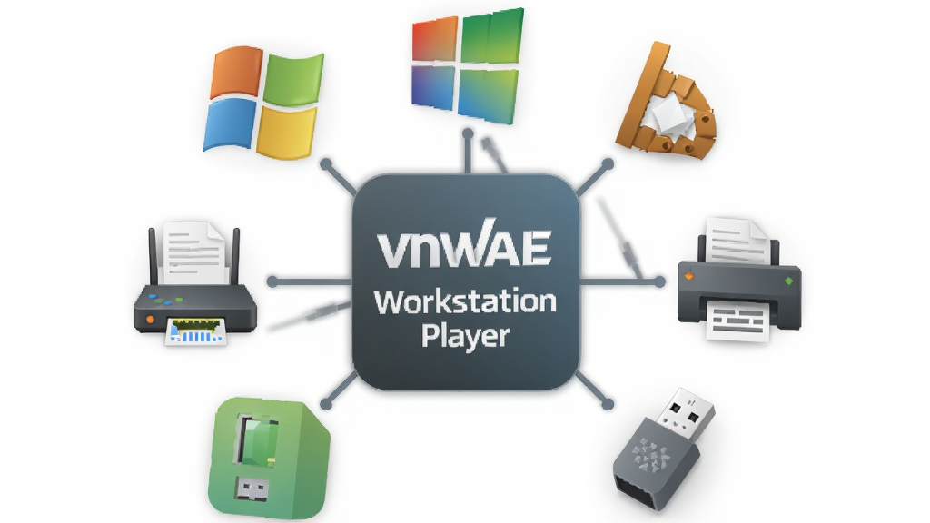 һ��չʾ����Ӳ�������ϵͳͼ�껷�Ƶ�ͼƬ������������ VMware Workstation Player ��ͼ�꣬��Χ������ Windows��Linux��USB�豸����ӡ��������·������ͼ�꣬����Ϊ���η���״�����Ϊ��ƽ��ͼ����ƣ�ϸ�ڰ���ͼ��֮�����������������ɫ�ʡ���Ӱ��Σ�����Ϊ4K�����壬�ɾ����޶���Ԫ��