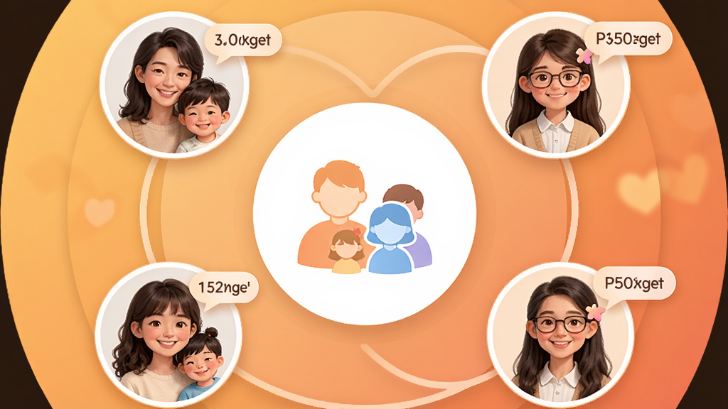 �����ͥ�Ƽ�ͥ�����ռ书��չʾ������Ϊһ��Բ�μ�ͥȺ��ͼ��λ�ڻ������룬��Χ�������ĸ���ͬ�����ͥ��Ա��ͷ��ԲȦ������Ϊͬ��Բ�ṹ���Ű��η��������Ϊ��ܰ��ͥ�磬ϸ�ڰ���ÿ��ͷ���Ա��д洢����С��ǩ��������Ϊ������ߡ�����Ϊůɫ�����䣬����Ϊ���塢�ɾ����޶���Ԫ��