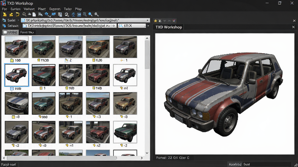һ�� TXD Workshop �������ڽ��������ֵ�Ľ����ͼ������Ϊ�������ڣ���������ʾ�����������ͼ�������б��У��Ҳ��ͼԤ������չʾһ����Ϸ����Ϳװ��ͼ������Ϊ����б��Ҳ�Ԥ�������Ϊ�Ƽ����������棬ϸ�ڰ����ļ�·�����͸�ʽ��Ϣ�������������ɾ����޶���Ԫ��