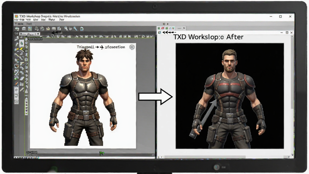 һ��չʾ TXD Workshop ���������ʾ��ͼ������Ϊ������Ļ����������ʾ���������һ����Ϸ��ͼ�Աȣ�����Ϊ���ҷ����������ԭʼ��ͼ�Ҳ����޸ĺ���ͼ�����Ϊ�̳�ͼ����ϸ�ڰ�����ͷָʾ�����ֱ�ע�������������ɾ����޶���Ԫ��