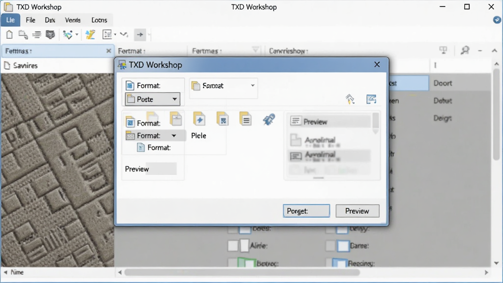 һ��չʾ TXD Workshop ���뵼�����ܵ�ʾ��ͼ������Ϊ�����������棬�����е����ļ�ѡ��Ի��򣬱����ɼ������б�������Ϊ���е��������Ϊ���칫�������ϸ�ڰ����ļ���ʽ�����˵���Ԥ����ť�������������ɾ����޶���Ԫ��