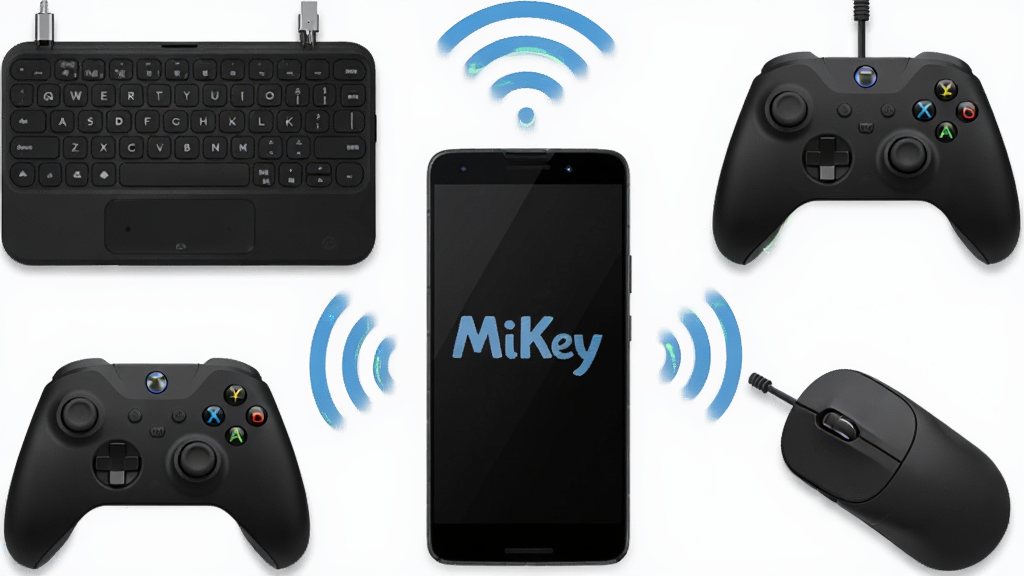 һ��չʾ MiKey ���Ӷ��������ʾ��ͼ��������һ����׿�ֻ�λ�����룬��Χ�������������̡���Ϸ�ֱ�����꣬ͨ�������ź��������ֻ�����������Ϊ����ʽ��ͼ���Ű���У����Ϊ�Ƽ��в廭��ϸ�����豸������΢����Ӱ�͹�Ч�������������ɾ����޶���Ԫ��