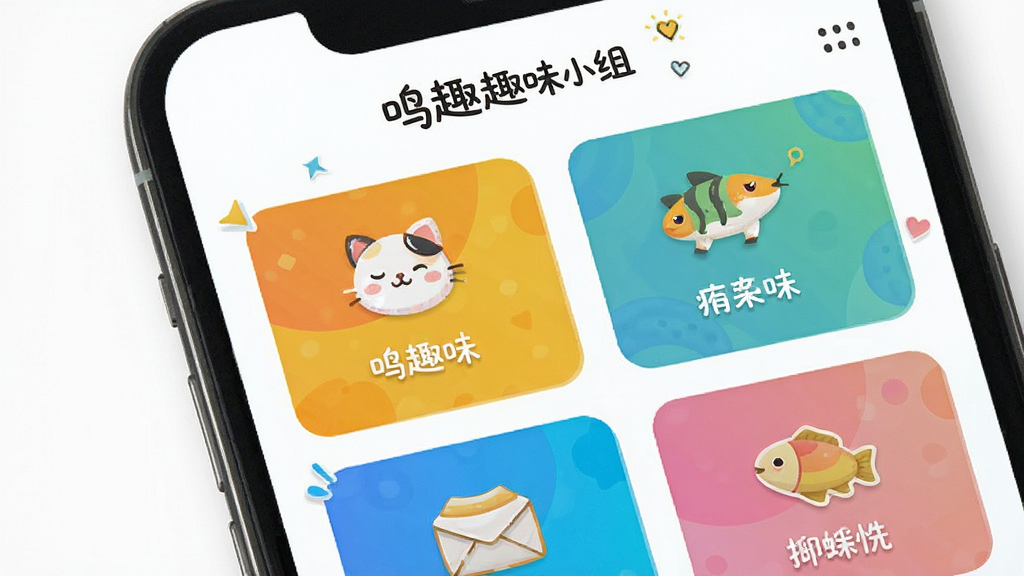��ȤȤζС�����ͼ������չʾ�ֻ���Ļ�ڶ����ɫС�鿨Ƭ���У�ÿ����Ƭ���в�ͬ��ͼ������ƣ�����Ϊ��ɫ������������죬ϸ�����������ʸɾ����޶���Ԫ��