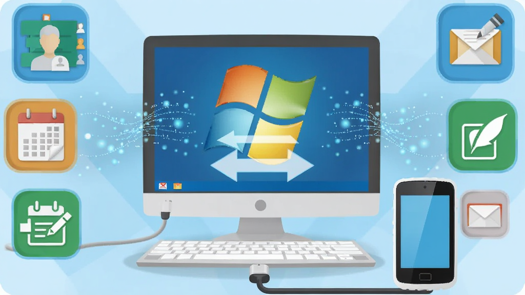 һ��չʾActiveSync�������Ĺ��ܵ����ֲ廭������������һ̨Windows������һ���ƶ��豸ͨ���������������м���˫���ͷ��ʾ����ͬ������Ļ��Χ��������ϵ�ˡ��������ʼ��������ͼ�꣬���岼��Ϊ���ҶԳƣ����Ϊ�ִ���ƽ���Ƽ��磬ϸ�ڰ������������Ĺ��Ч�������ʸ��壬�ɾ����޶���Ԫ��
