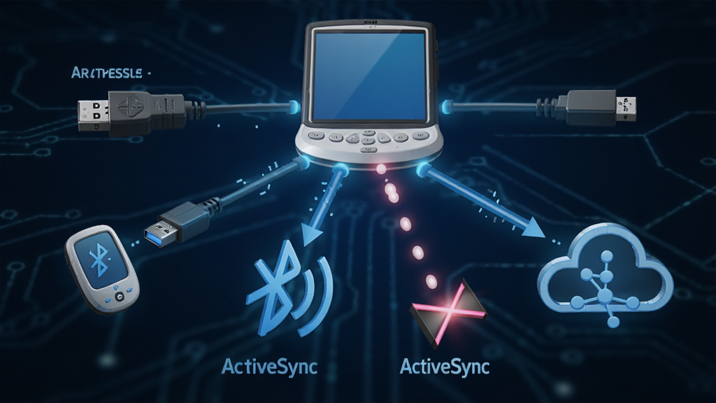 һ��չʾActiveSync�������ӷ�ʽ��ʾ��ͼ��������һ��PDA�豸�ֱ�ͨ��USB�ߡ������źŲ������������������ͼ�����������������Ϊ����״���У����Ϊ�Ƽ���ʮ�����ɫ����Ϣͼ��ϸ�ڰ���ÿ�����ӷ�ʽ��ͼ���ע�����ʸ��壬�ɾ����޶���Ԫ��