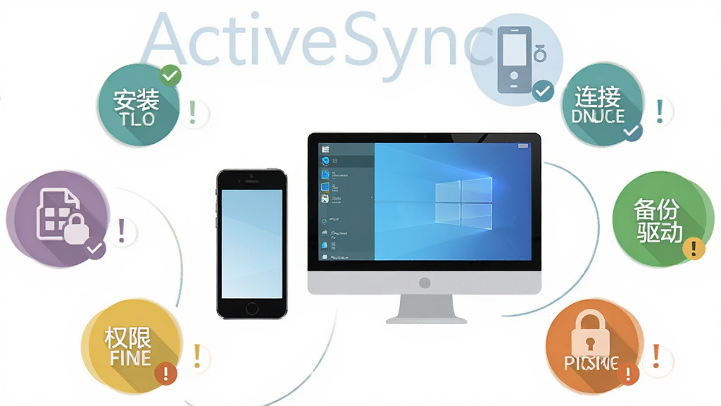 һ��չʾActiveSync���ֲ���ע���������Ϣͼ������������һ���ֻ���һ̨���Բ��Űڷţ���Χ�а˸�Բ��ͼ��ֱ��ע��װ�����ӡ����ݡ�������Ȩ�޵ȹؼ��ʣ�����Ϊ�������У����Ϊ���¼�Լ�ı�ƽ����ƣ�ϸ�ڰ���ÿ��ͼ���Ե�С���͸�̾�ű�ʶ�����ʸ��壬�ɾ����޶���Ԫ��