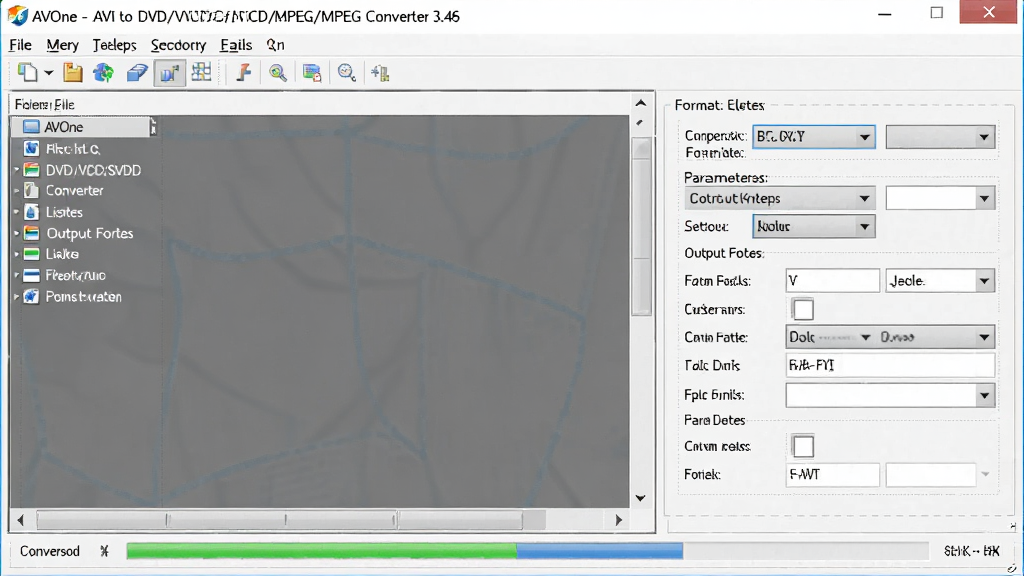 һ��չʾAVOne - AVI to DVD/VCD/SVCD/MPEG Converter 3.46���������ͼƬ������Ϊ����������λ�ڻ������룬���Ϊ�ļ��б������Ҳ�Ϊ��ʽѡ�������������壬�ײ�Ϊת���������������������Ű���������Ϊ�ִ����������ͼ���ϸ�ڰ����˵�������������ť�������ʽ�����˵���Ԫ�أ�����ɾ����࣬�����������޶���Ԫ��
