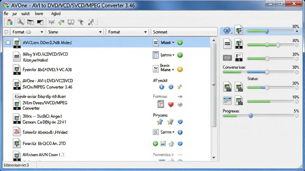 һ��չʾAVOne - AVI to DVD/VCD/SVCD/MPEG Converter 3.46����ת�����ܵ�ͼƬ������Ϊ���������ж����Ƶ�ļ������������б��У�����Ϊ����ļ��б����Ҳ������壬�Ű����룬���Ϊ��������չʾ���ϸ�ڰ����ļ����ơ���ʽͼ�ꡢת��״̬��ʶ�����Ȱٷֱȵ�Ԫ�أ�����ɾ����࣬�����������޶���Ԫ��