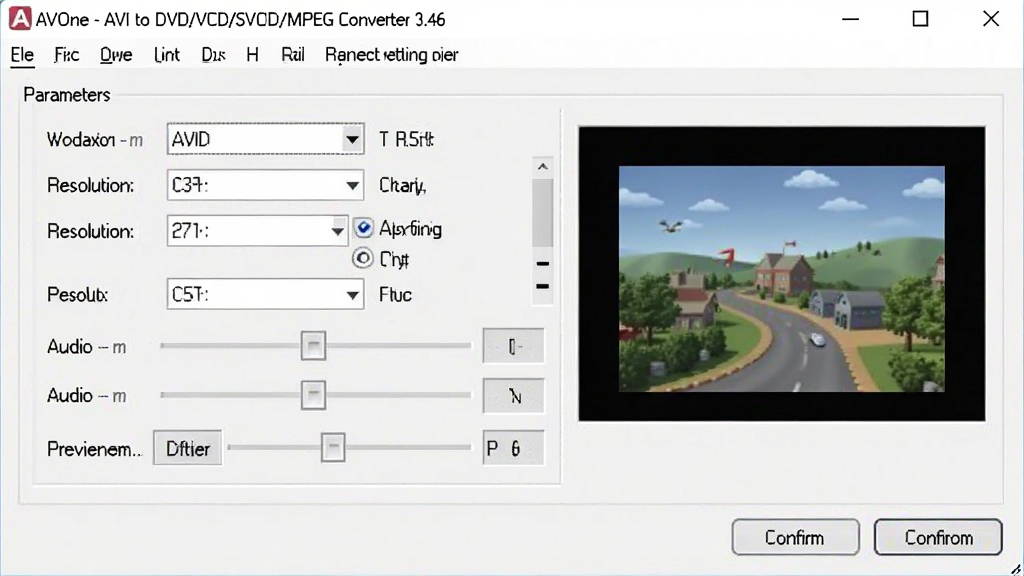һ��չʾAVOne - AVI to DVD/VCD/SVCD/MPEG Converter 3.46�������ý����ͼƬ������Ϊ���������������λ�ڻ������룬����Ϊ�Ϸ��˵������в�����ѡ��·�ȷ�ϰ�ť���Ű����������Ϊ�������ý�����ϸ�ڰ������������򡢷ֱ���ѡ���Ƶ���û��顢Ԥ�����ڵ�Ԫ�أ�����ɾ����࣬�����������޶���Ԫ��