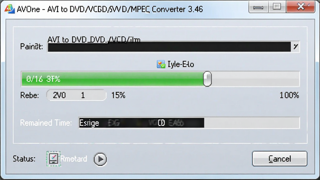 һ��չʾAVOne - AVI to DVD/VCD/SVCD/MPEG Converter 3.46ת�����Ƚ����ͼƬ������Ϊ����ת�����ȴ���λ�ڻ������룬����Ϊ�Ϸ��ļ����ơ��в����������·�״̬��Ϣ���Ű��࣬���Ϊ�������н�����ϸ�ڰ������Ȱٷֱȡ�ʣ��ʱ��Ԥ����ȡ����ť��Ԫ�أ�����ɾ����࣬�����������޶���Ԫ��