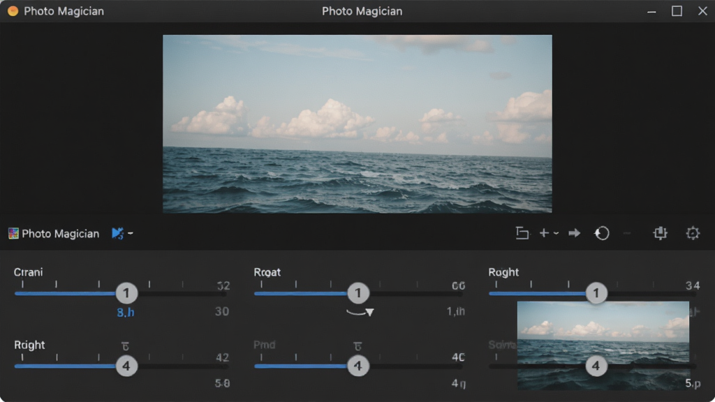 һ��չʾ Photo Magician �����༭���ܵ�ͼƬ������Ϊ��������������д������Ϊ���½ṹ���Ϸ���ͼƬԤ�������·��ǲü�����ת�������������ܻ��飬���Ϊ������ɫ���� UI��ϸ�ڰ��������ϵ���ֵ�̶���ʵʱԤ��Ч���������������ɾ����޶���Ԫ��