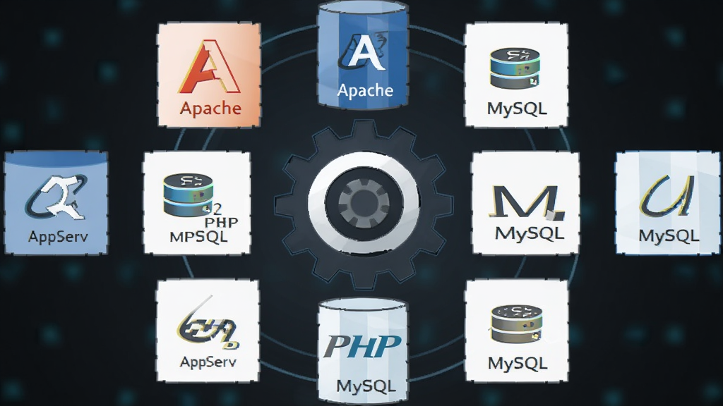 AppServ���Ĺ���չʾ������Ϊ����������ͼ�껷��һ�����ĳ��֣�����ΪԲ�����У��Ű�Գƣ����Ϊ��ƽ���Ƽ��磬ϸ�ڰ���Apache��PHP��MySQL�����ֱ�ʶ�����ʸ��壬�ɾ����޶���Ԫ��