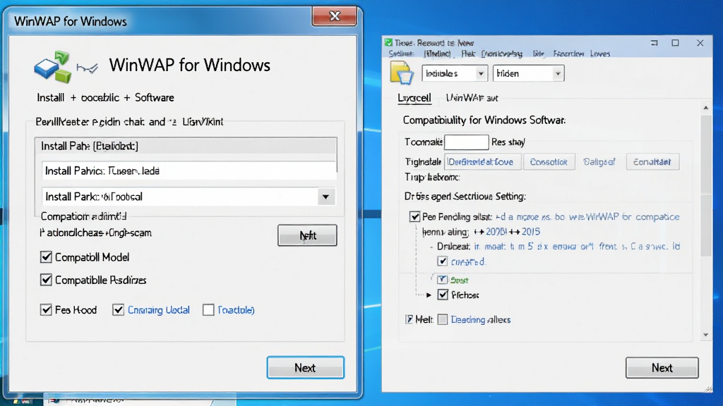 һ��չʾ��Windows�����ϰ�װWinWAP for Windows�����Ĳ���ʾ��ͼ������Ϊ��װ�򵼶Ի���ͼ��������ý��棬����Ϊ�������У��Ű����������Ϊ�̳̽�ͼ���ϸ�ڰ�����װ·��ѡ�񡢼���ģʽ��ѡ����һ����ť�����ʸ��壬�ɾ����޶���Ԫ�ء�