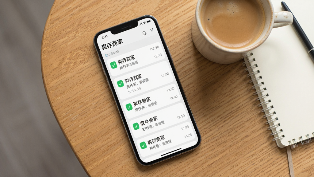 生图:一部手机放在木质桌面上,屏幕显示“爽存商家”消息通知列表,多条取件提醒整齐排列,旁边有一杯咖啡和笔记本,布局为俯视角度,风格清新简约,细节包括通知卡片上的绿色对勾图标和时间戳,画质清晰,干净,无多余元素