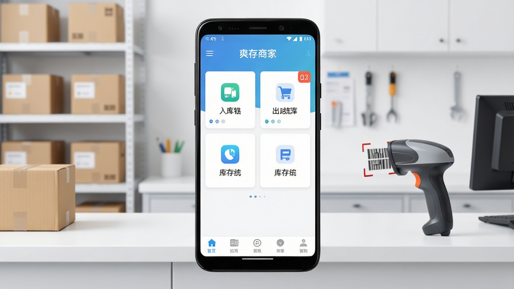 主图:一部安卓手机屏幕亮起,画面中央显示“爽存商家”应用界面,界面包含入库、出库、库存统计等卡片模块,背景是干净整洁的快递驿站柜台场景,有包裹货架和扫码枪,布局居中对称,风格为现代扁平化UI展示,细节包括清晰的图标、数字角标和底部导航栏,画质清晰,整体干净,无多余元素